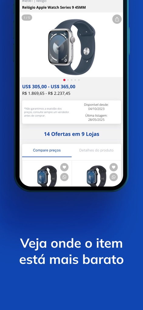 Compras Paraguai - Les utilisateurs peuvent comparer les prix d'un article spécifique (comme la montre Apple Watch) grâce à la section "Compare preços" et visualiser les "14 Ofertas en 9 Lojas" pour trouver l'option la plus avantageuse.