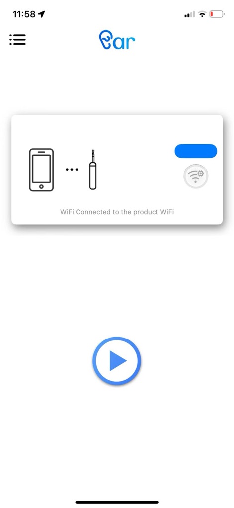 visual earpick - Esta herramienta establece una conexión WiFi estable y segura con el dispositivo, como se evidencia por la confirmación 'WiFi Connected to the product WiFi'. Una interfaz intuitiva invita a iniciar la observación con un simple toque en el botón de reproducción.