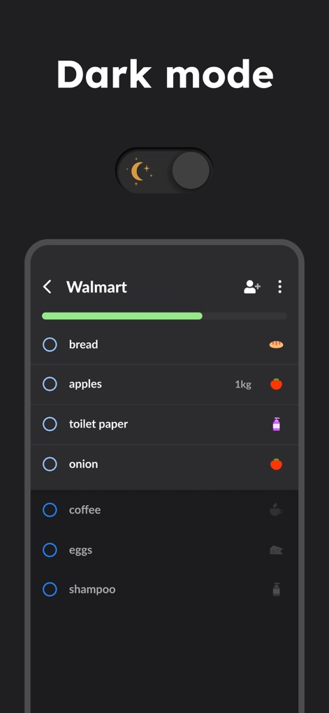 Grocery List - Listonic - Users can personalize their experience with a dark mode, reducing eye strain, as demonstrated by the toggle switch and the subdued list background.