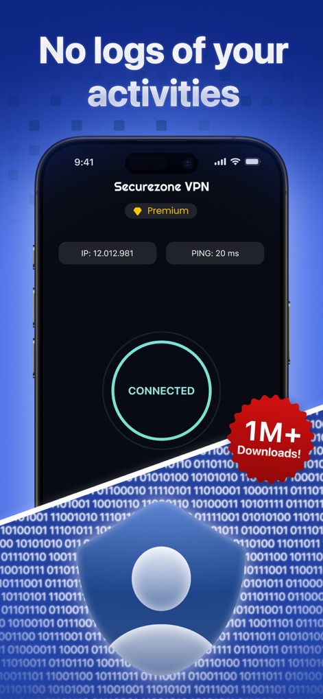VPN Super Fast Securezone Best - A interface mostra o status "CONNECTED" da VPN e um aviso "1M+ Downloads!", reforçando a política de "No logs" com um plano de fundo de código binário.