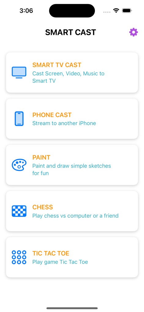 AirScreen Cast - La sezione "SMART CAST" rivela opzioni versatili come "SMART TV CAST" e "PHONE CAST" per diverse esigenze di trasmissione, oltre a funzionalità aggiuntive per l'intrattenimento come "PAINT" e "CHESS".