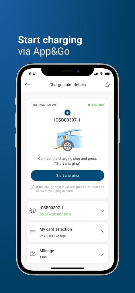DKV Mobility - La aplicación facilita el inicio de la carga, mostrando claramente el estado "Available" del punto y proporcionando un prominente botón "Start charging" junto con la opción "My card selection" para la forma de pago.