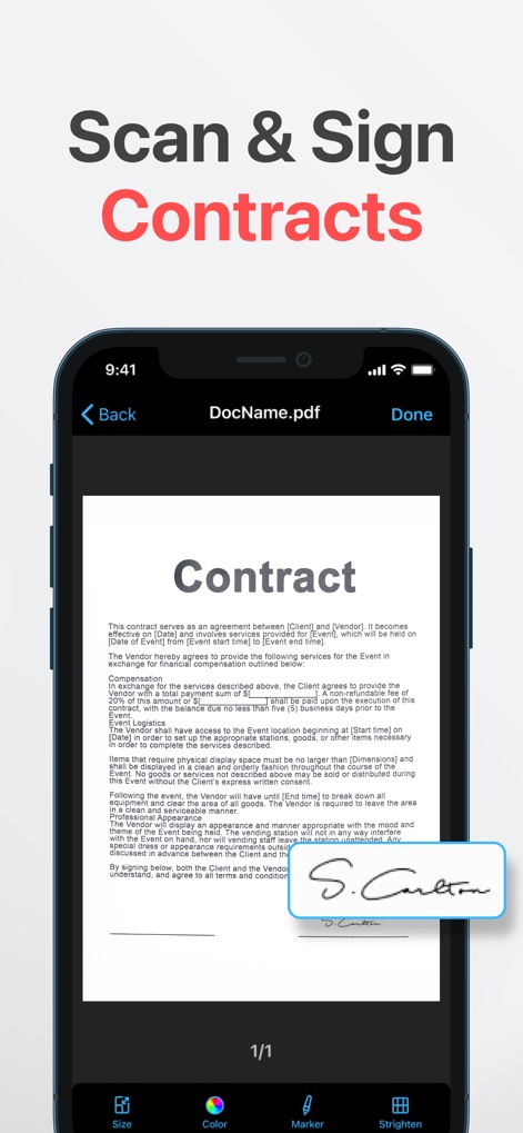 PDF Scanner: App for Documents - L'app consente di gestire contratti importanti, con la possibilità di apporre una firma elettronica direttamente sul documento, evidenziata dalla sezione del contratto e dalla firma stilizzata visibile.