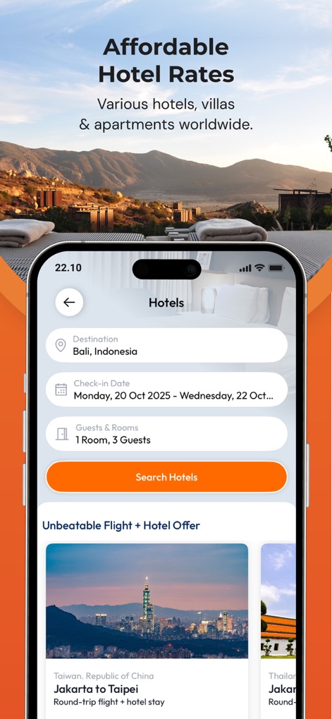 BookCabin - Explore diverse accommodation options with the app's hotel search, highlighting a clear 'Destination' input and a convenient 'Check-In Date' and 'Check-Out Date' picker.