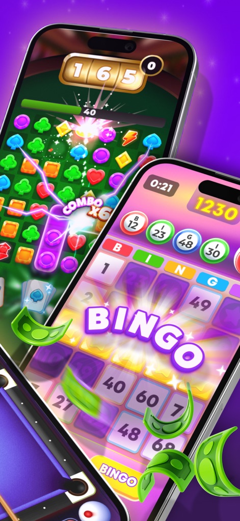 Blitz - Win Cash - Users can explore diverse gaming options, showcasing both an engaging Match3 puzzle and classic Bingo gameplay.