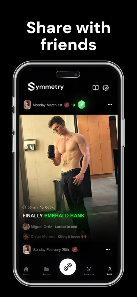 Symmetry: AI Gym Workout Log - Share your milestones and body transformations with the in-app social network, celebrating achievements like reaching 'Emerald Rank' and viewing comments from other athletes.