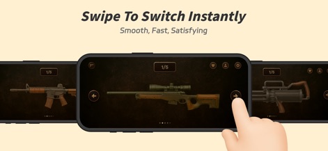 BangBang:Watch & Phone Gun Sim - Users can instantly switch between diverse weapon models using a smooth swipe gesture, showcasing the app's fluid navigation between a rifle, sniper, and minigun.