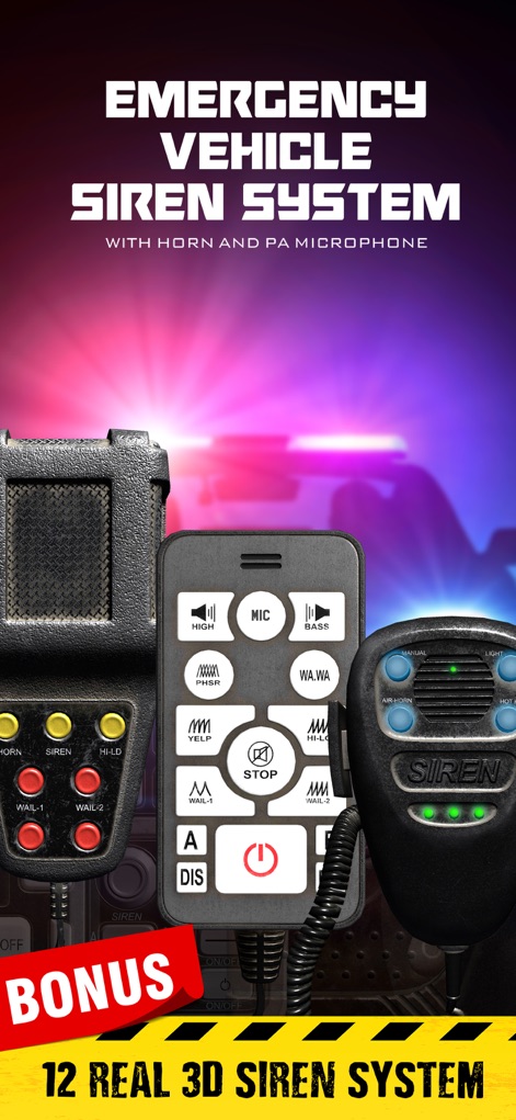Emergency Vehicle Siren System - The app presents multiple realistic 3D siren remote models and highlights the integrated PA microphone function for immersive interaction.