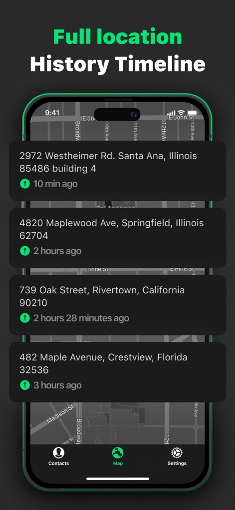 Find Us: Phone Number Tracker - 사용자는 이 도구를 통해 지도 배경 위에 표시되는 주소와 시간을 포함한 자세한 위치 기록을 확인하여 이동 경로를 파악할 수 있습니다.