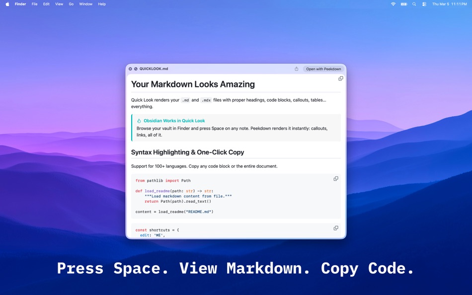 #1. Peekdown (macOS) Ved: Tim Gavin