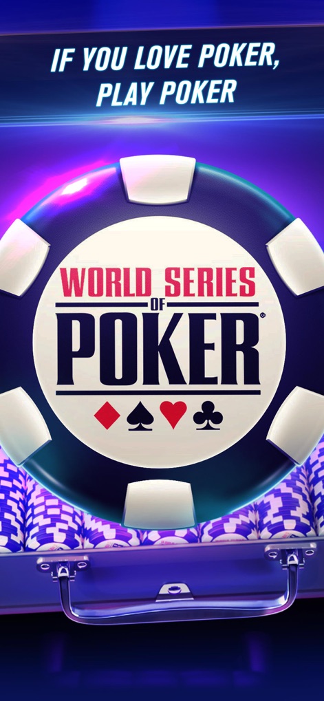 WSOP Poker: Texas Holdem Game - A tela principal ressalta a paixão pelo poker, exibindo um chip gigante com o icônico logotipo do WSOP e uma maleta repleta de fichas.