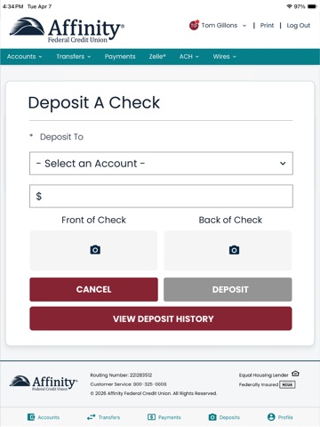 Affinity FCU Business Banking iPad screenshot