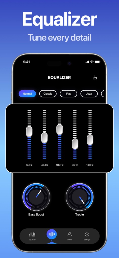 Equalizer & Bass Booster FX - Questo screenshot mostra l'equalizzatore grafico con i suoi fader verticali per la regolazione delle frequenze e i controlli rotanti per Bass Boost e Treble.