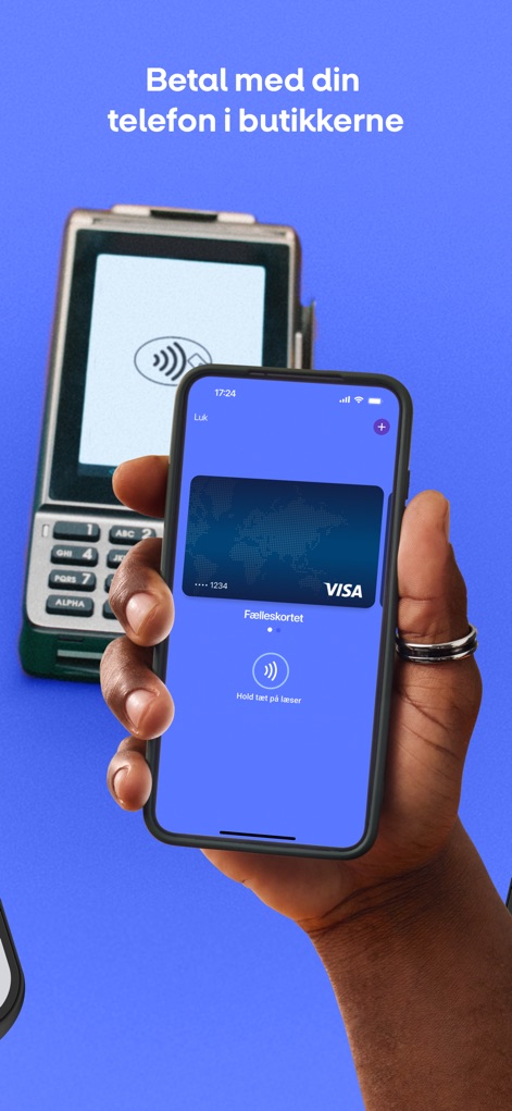MobilePay - The app facilitates secure in-store transactions, demonstrating the virtual card display with a prominent contactless payment icon, ready for use with compatible terminals.