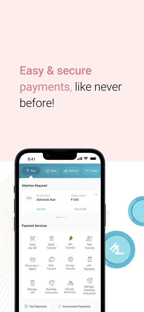 BOI Mobile - This tool facilitates seamless digital payments, showcasing an active UPI request for ₹540 from Abhishek Nair and a variety of payment options like 'Scan any QR' and 'Bank Transfer'.