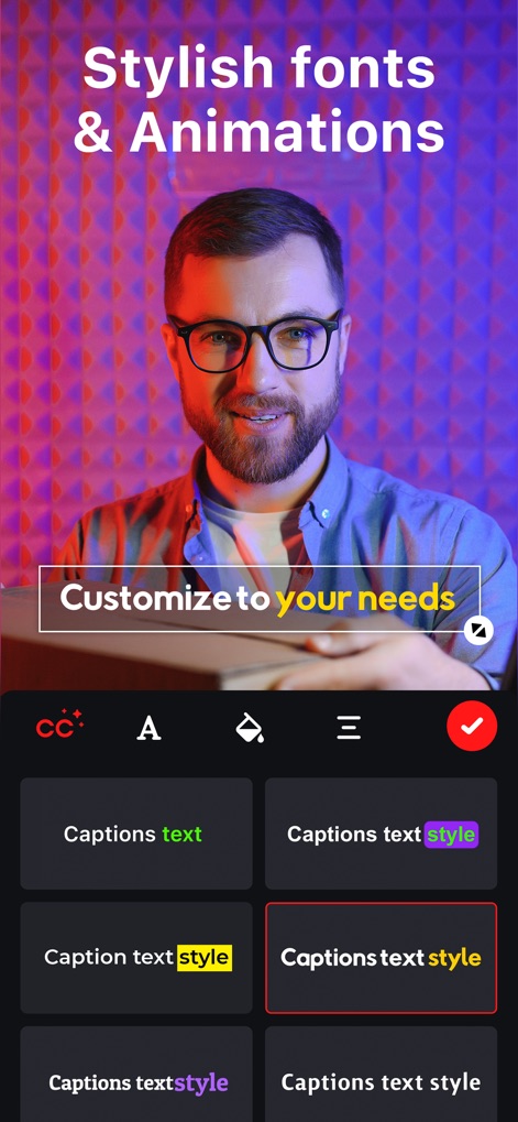 Auto Captions: Video Subtitles - 사용자는 다양한 폰트와 스타일 옵션으로 자막을 맞춤 설정하며, "your needs"와 같은 중요 문구를 강조하고 여러 스타일 프리셋을 미리 볼 수 있습니다.