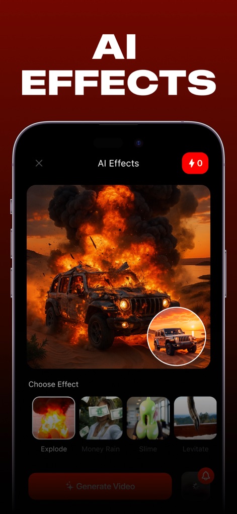 AI Video – AI Video Generator - Users can explore a range of playful effect options like 'Explode' and 'Money Rain' to dynamically transform their visuals.