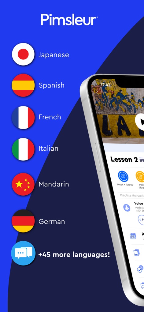 Pimsleur | Language Learning - This screenshot highlights the extensive language options available, featuring national flags for popular choices and an overview of lesson content, like "Meet + Greet" sections.