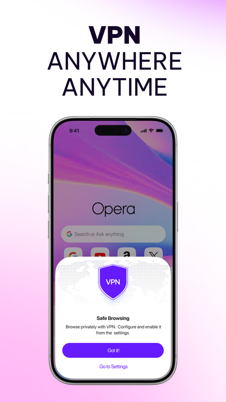 Opera Browser with VPN App Store screenshot 3, headline “VPN ANYWHERE ANYTIME”. Badge.