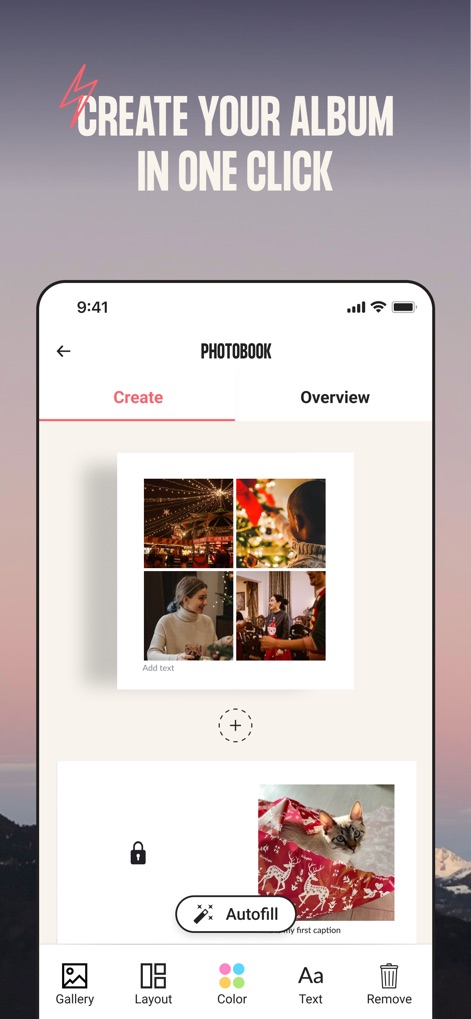 Lalalab - Photo printing - Die App ermöglicht die schnelle Erstellung von Fotoalben und bietet Funktionen wie die automatische Befüllung ('Autofill') sowie diverse Layout- und Textoptionen zur individuellen Gestaltung.
