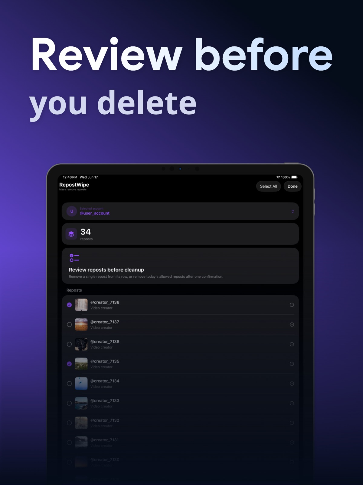 RepostWipe: Repost Remover ipad screenshot 2