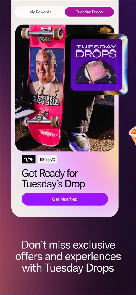 Taco Bell Fast Food & Delivery App Store screenshot 4, headline “Don't miss exclusive offers and experiences with Tuesday Drops”. Phone drawn.