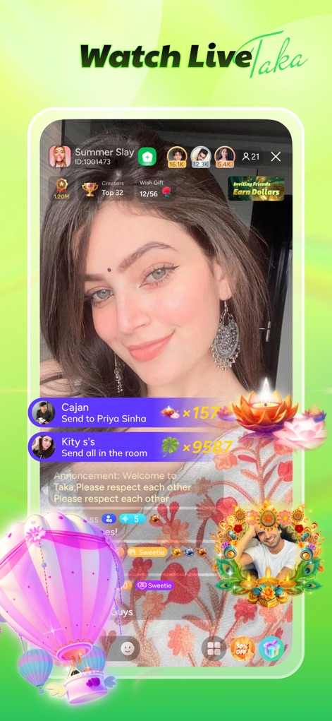 Taka - Chat Room,Live Stream - 이 앱은 스트리머와 시청자가 소통하는 실시간 라이브 스트리밍 화면을 제공하며, 매력적인 채팅 메시지와 화려한 가상 선물 효과를 보여줍니다.