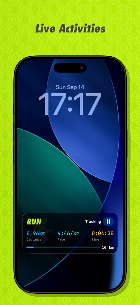 RUN — Running Club & Tracker - Leverage the convenience of Live Activities to monitor ongoing runs directly from the lock screen, showcasing essential metrics like current distance and pace without unlocking the device.