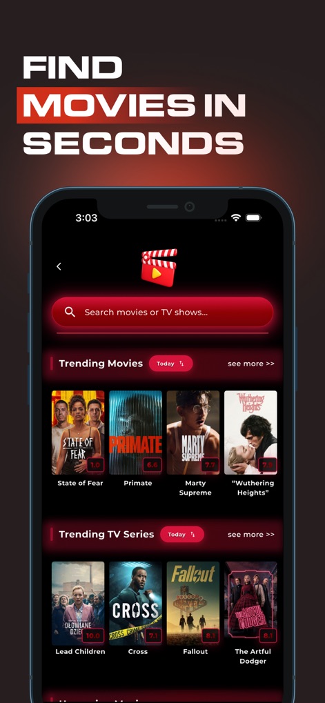 Cineby – Movies & TV shows - Los usuarios pueden localizar rápidamente contenido gracias a su barra de búsqueda centralizada (X) y explorar tendencias en secciones claras como 'Trending Movies' y 'Trending TV Series' (Y).