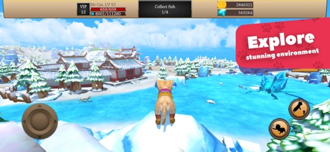 Cat Simulator 3D - Animal Life - Users can witness a cat navigating a stunning snowy landscape, complete with unique ornate architectural structures.