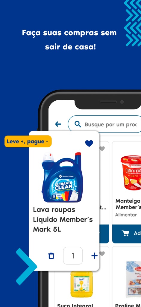 Sam's Club Brasil - Users can efficiently manage their shopping with features like the quantity adjuster and the prominent product card, simplifying bulk purchases.