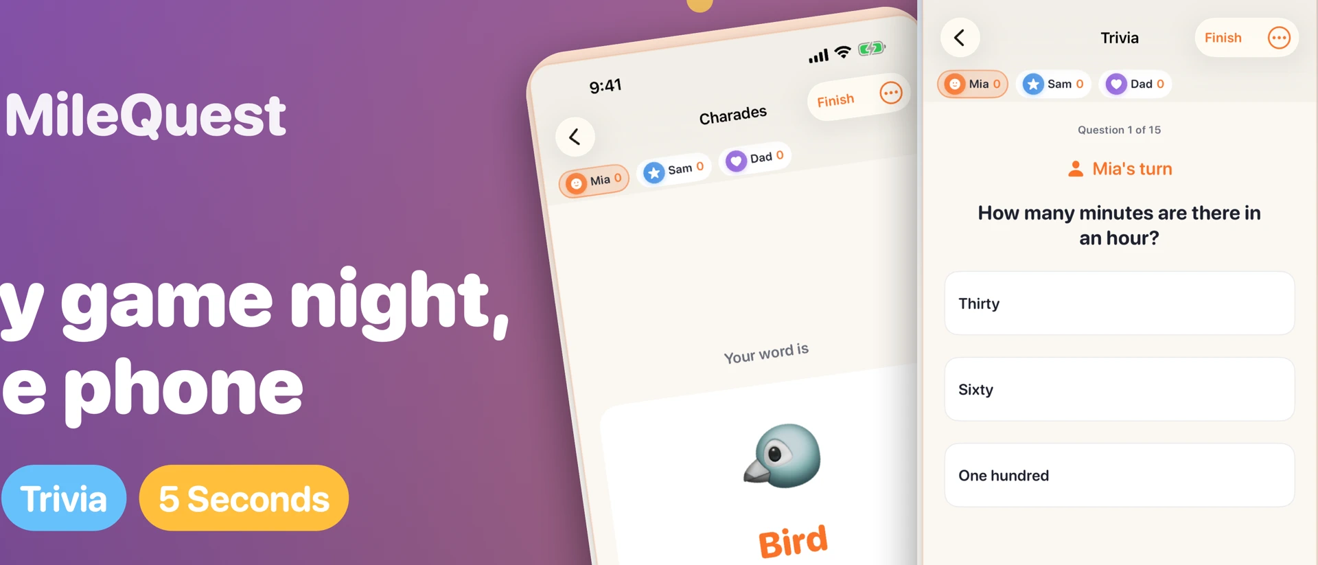 MileQuest: Charades & Trivia product page header