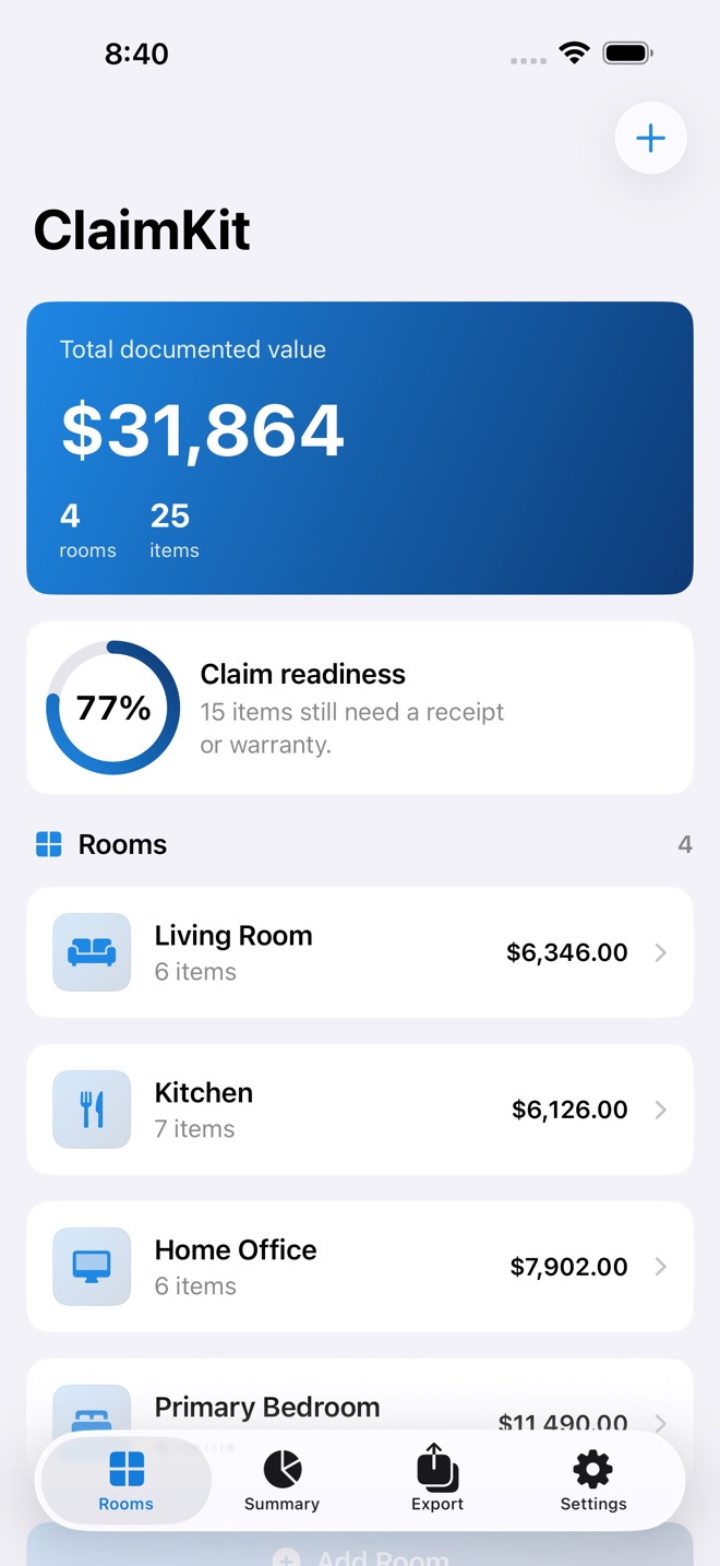 ClaimKit : inventaire maison capture d’écran 1