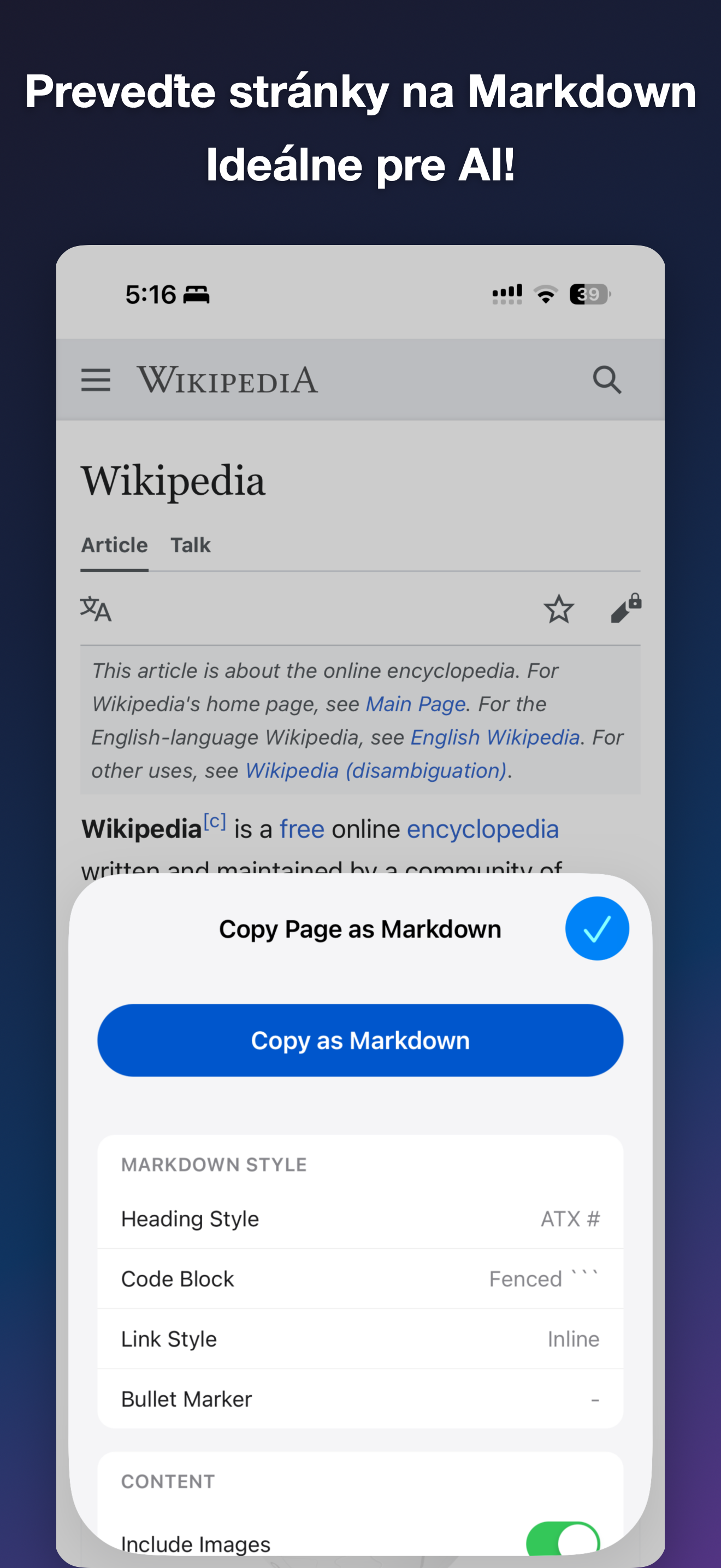 MDC - Markdown Copier iOS screenshot 1 showing app interface