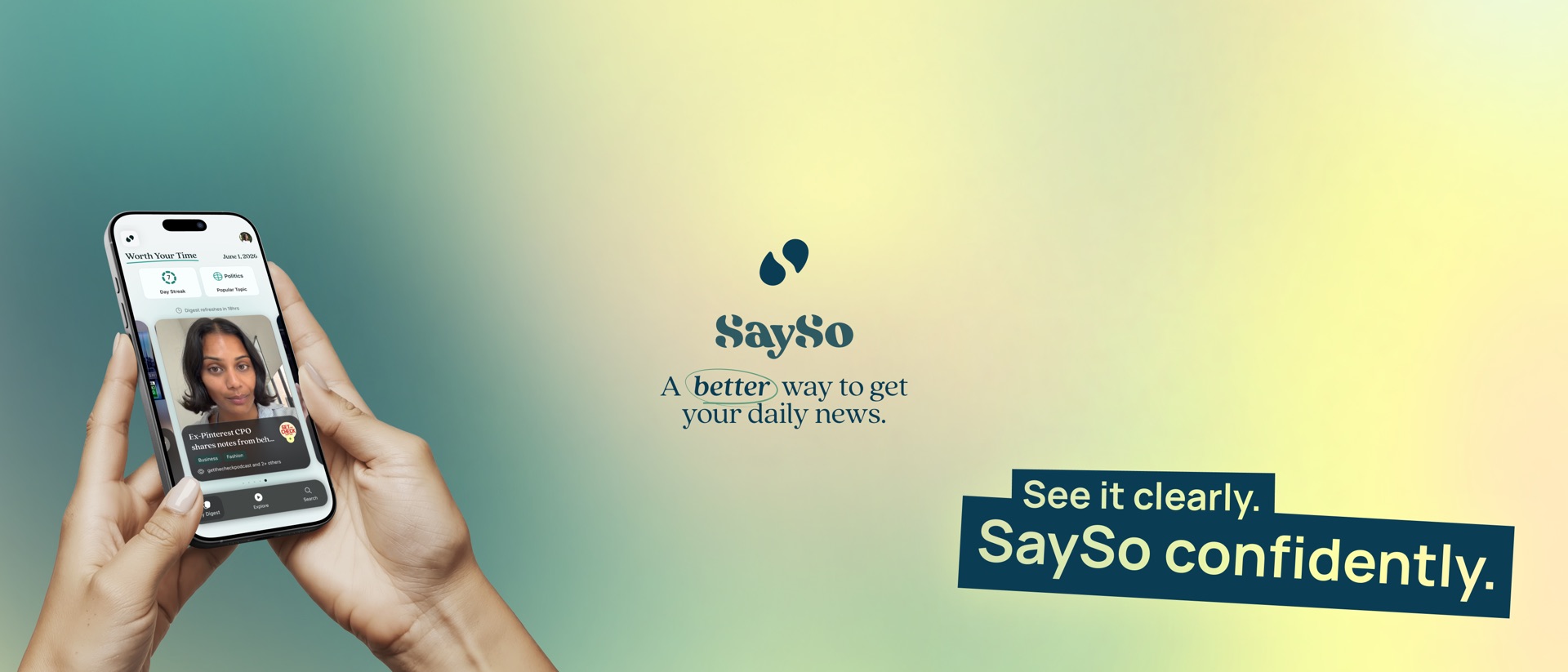 SaySo: Curated News Digests product page header