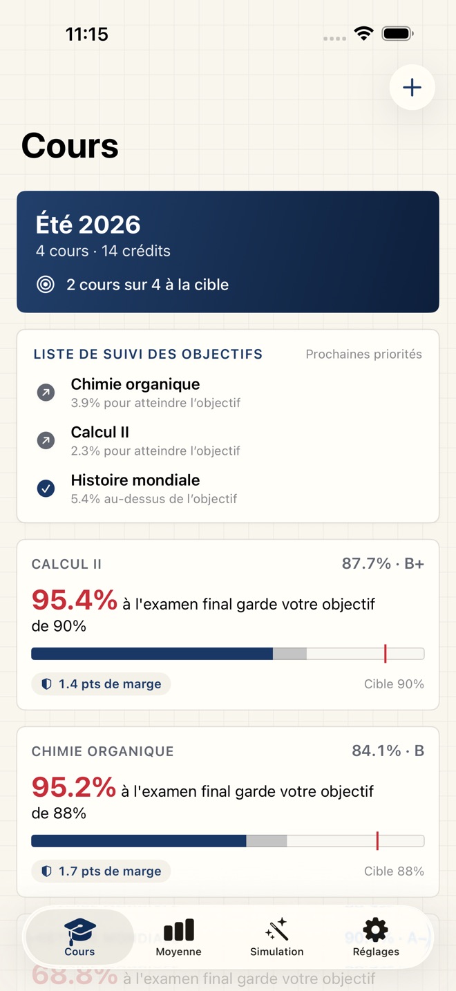 GradeCalc : calcul de moyenne capture d’écran 1