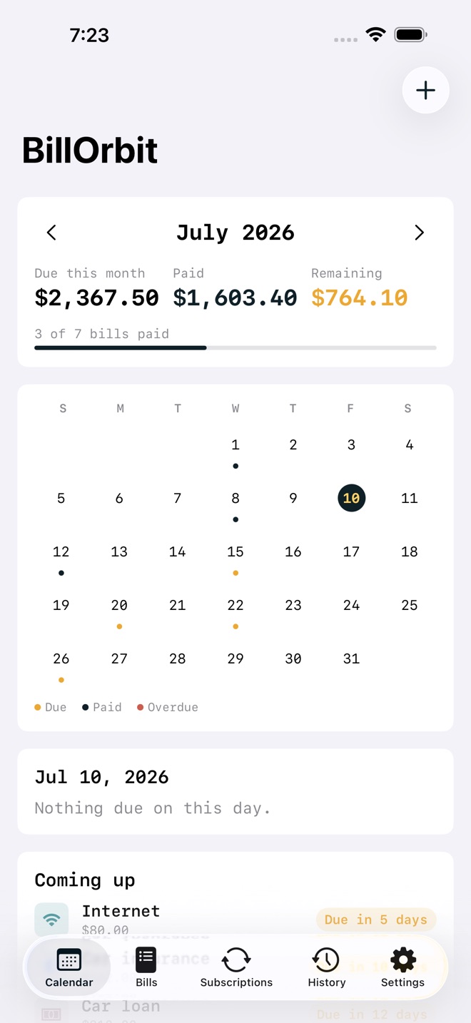 BillOrbit: Bill Calendar screenshot 1