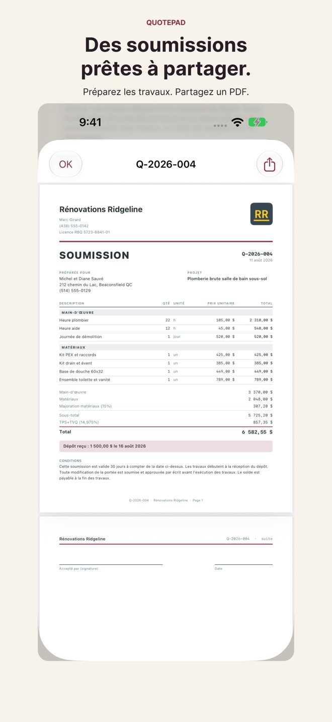 QuotePad : Soumission rapide capture d’écran 1