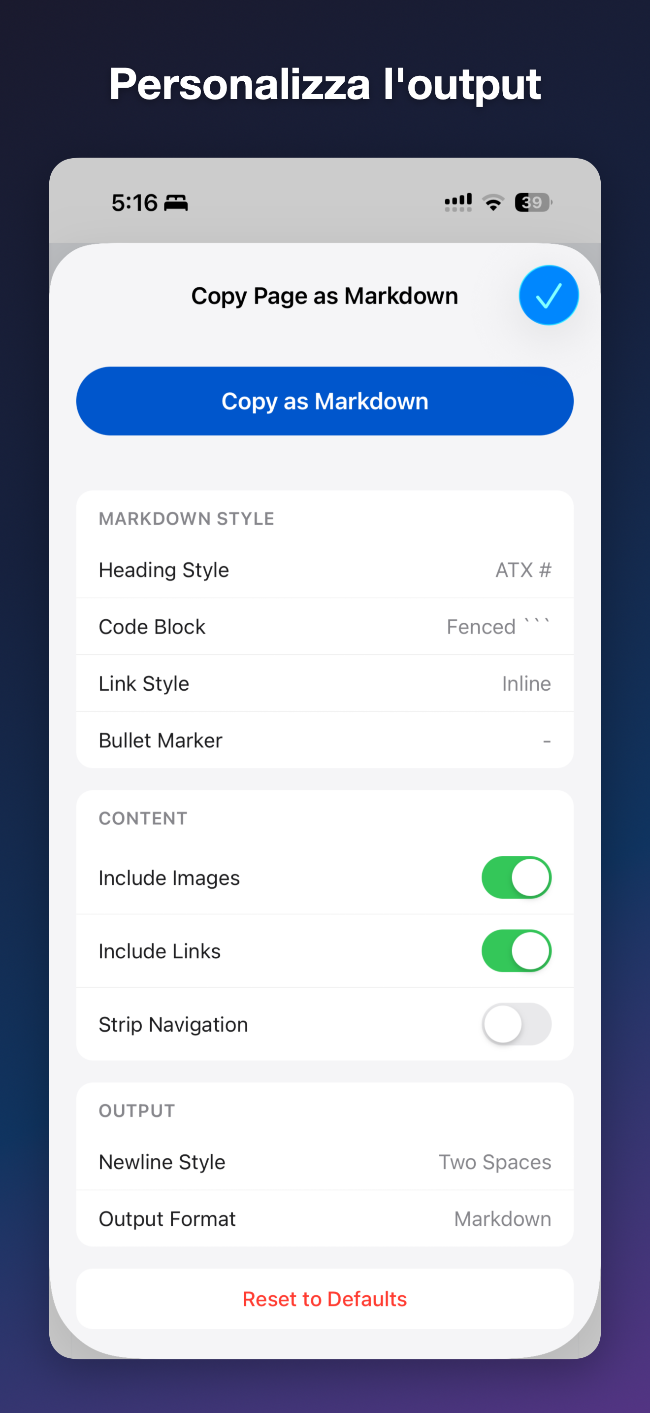 MDC - Markdown Copier iOS screenshot 1 showing app interface
